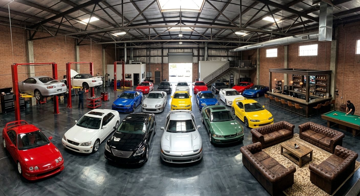 Concept rendering of the planned Sonoran Motorsport Collection showroom: rows of 1990s and 2000s Japanese cars, lifts, and a client lounge in a brick warehouse.