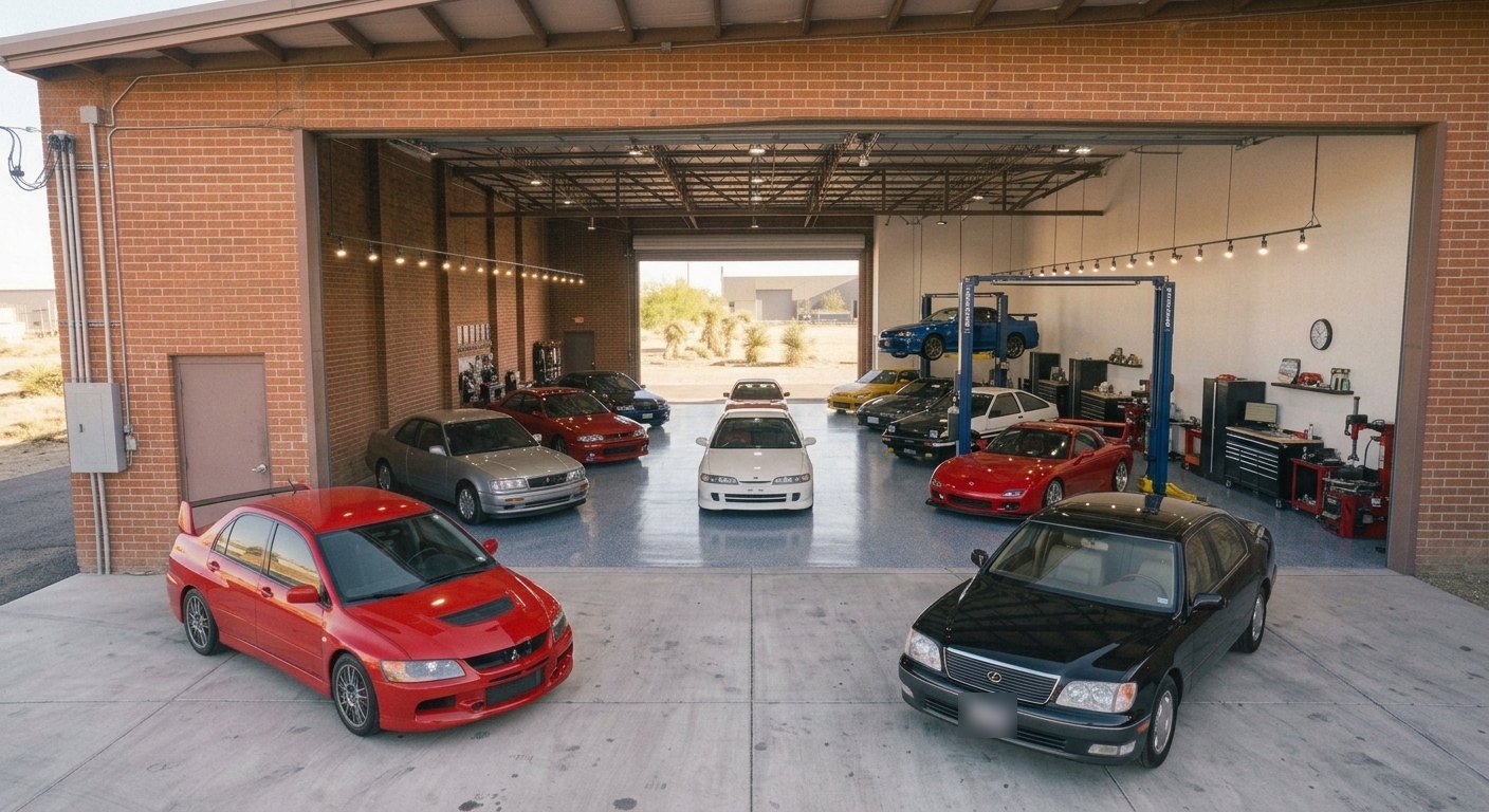 A brick garage in the desert with its doors open on a row of 1990s Japanese cars, a red Lancer Evolution and a black Lexus LS 400 parked out front.