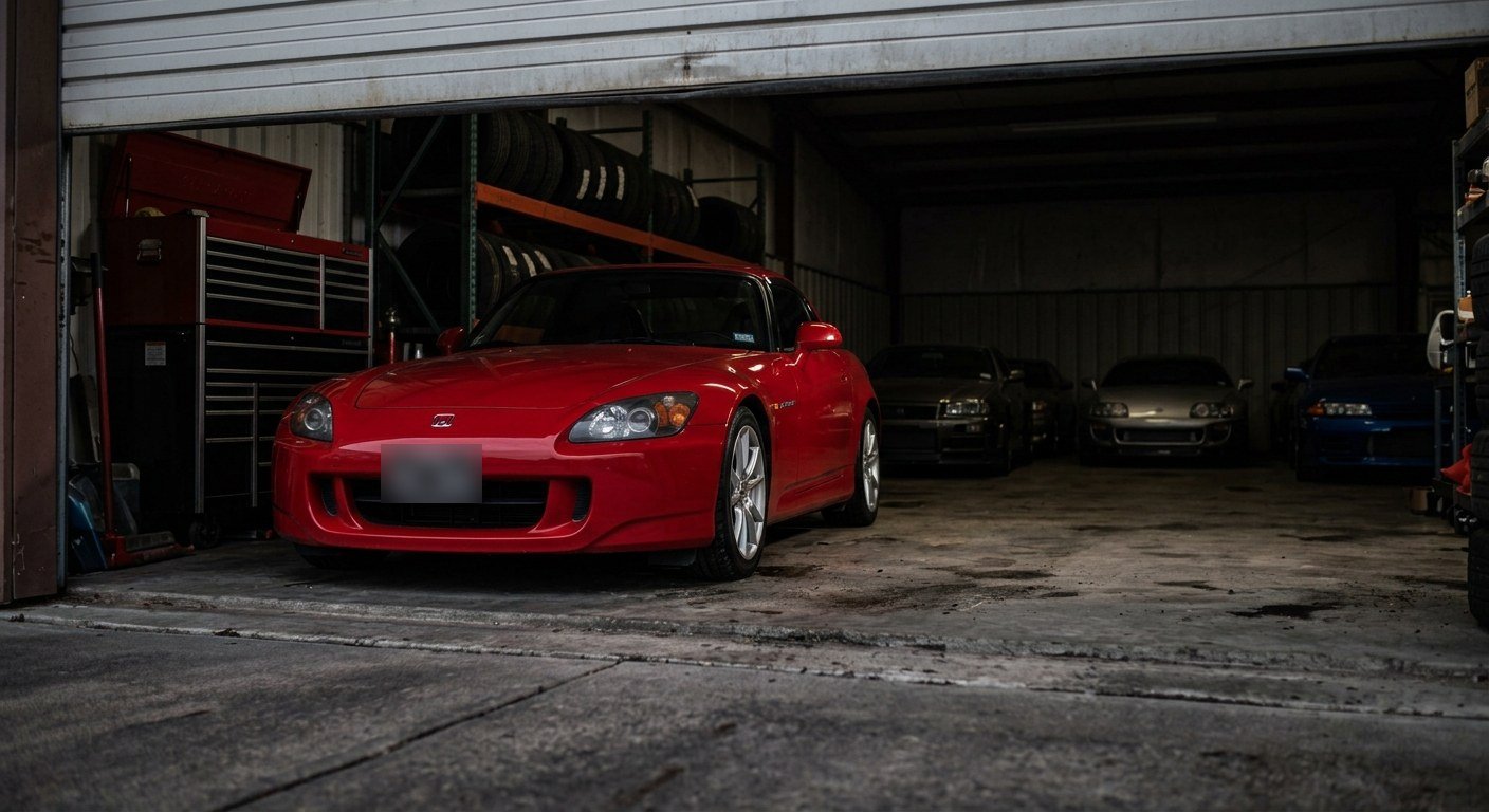 A red Honda S2000 parked at the open door of a garage, with a row of 1990s Japanese sports cars waiting in the shadows behind it.