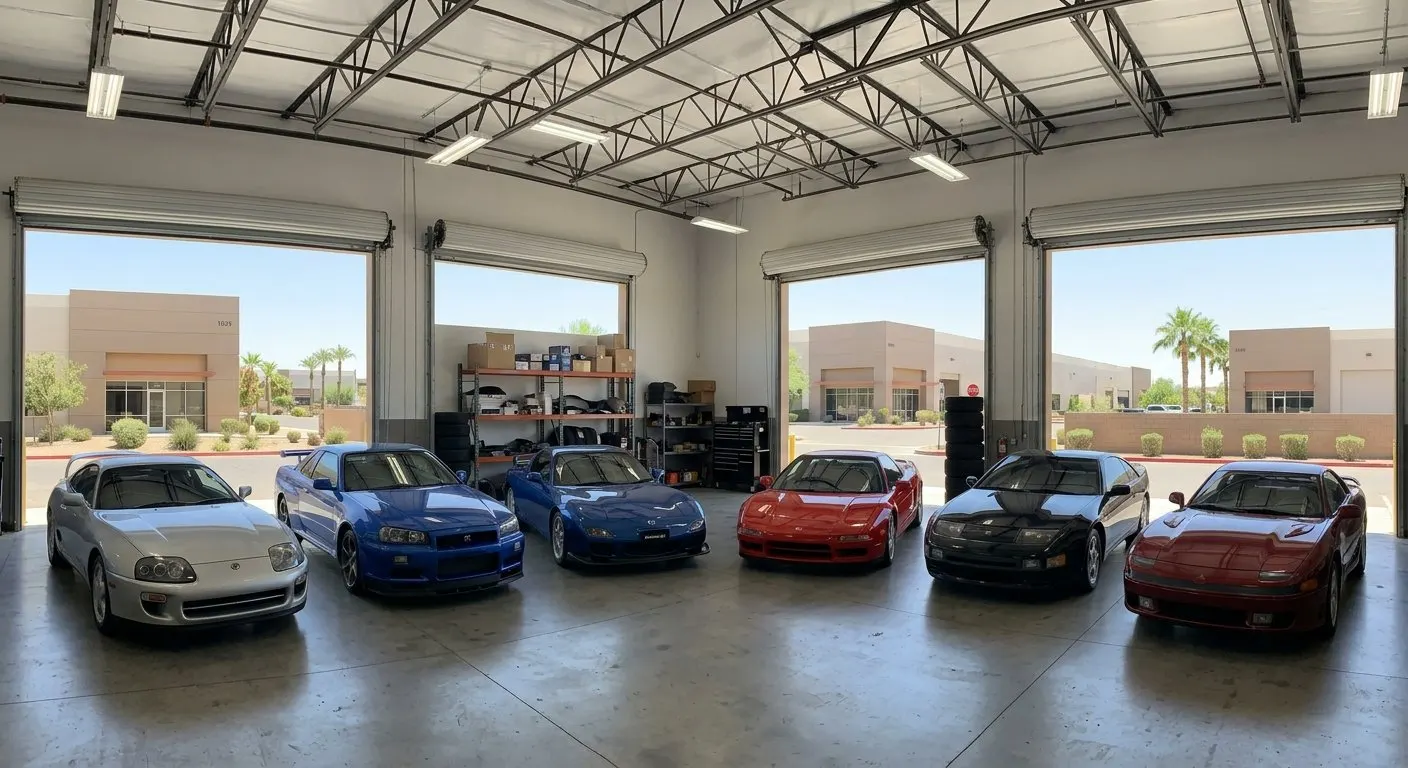 A silver Toyota Supra, a blue Nissan Skyline GT-R R34, a Mazda RX-7, a red Acura NSX, a black Nissan 300ZX and a red Mitsubishi 3000GT lined up across four open workshop bays.