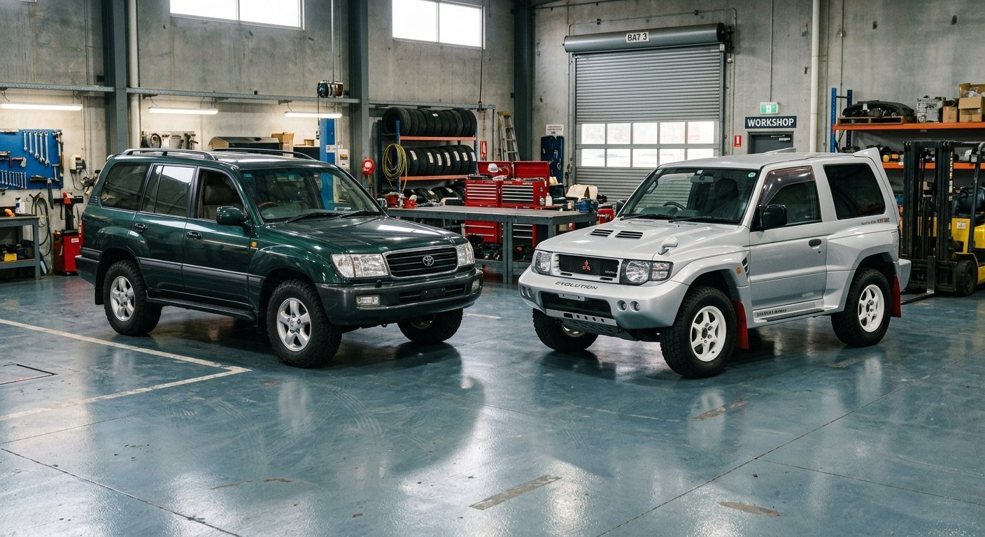 A dark green Toyota Land Cruiser 100 and a silver Mitsubishi Pajero Evolution parked side by side on a workshop floor.